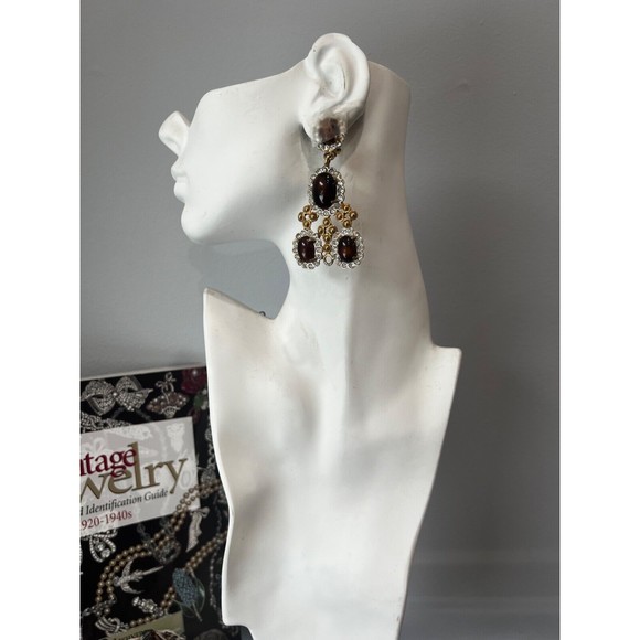 Vtg KJL Chandelier Earrings Clip on Brown Cabochon Rhinestone Dangle 60's - Picture 9 of 11
